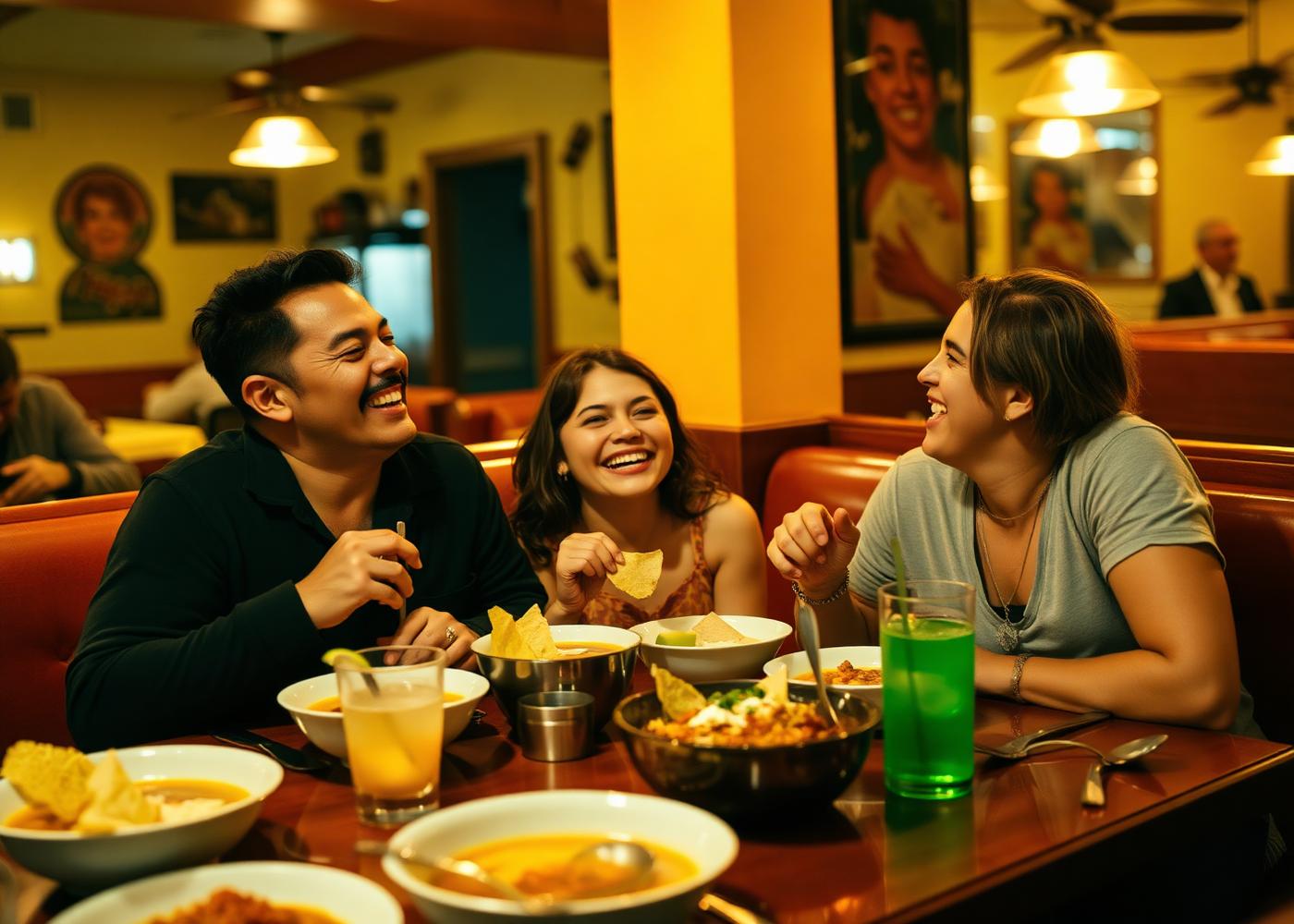 A family laughing together over bowls of Mexican food at Maribu's