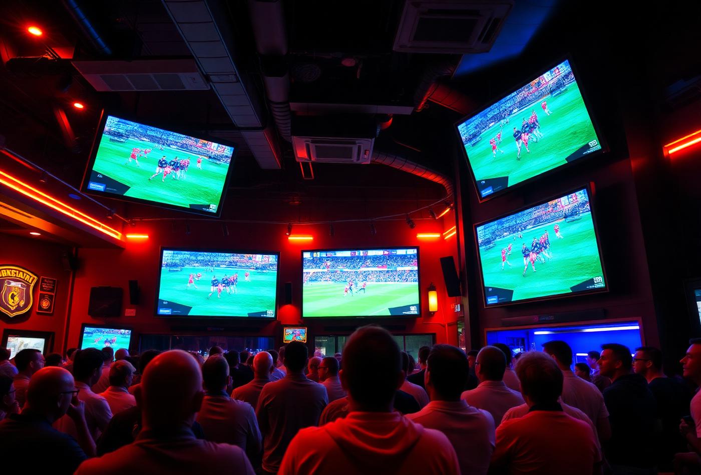 Fans watching a soccer match on big screens at Maribu's